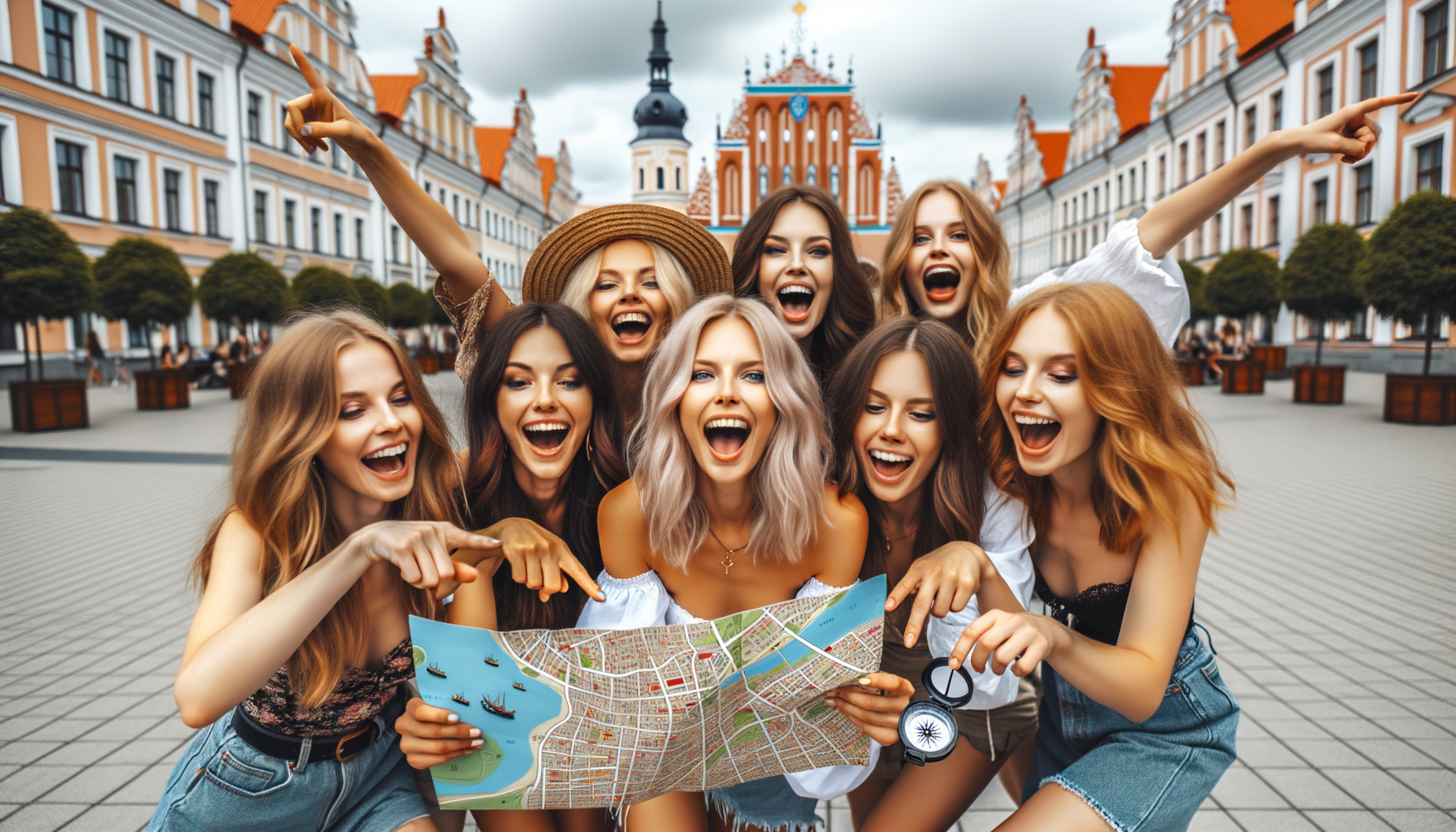 Young women playing orientation game in Lithuanian city on a hen party.